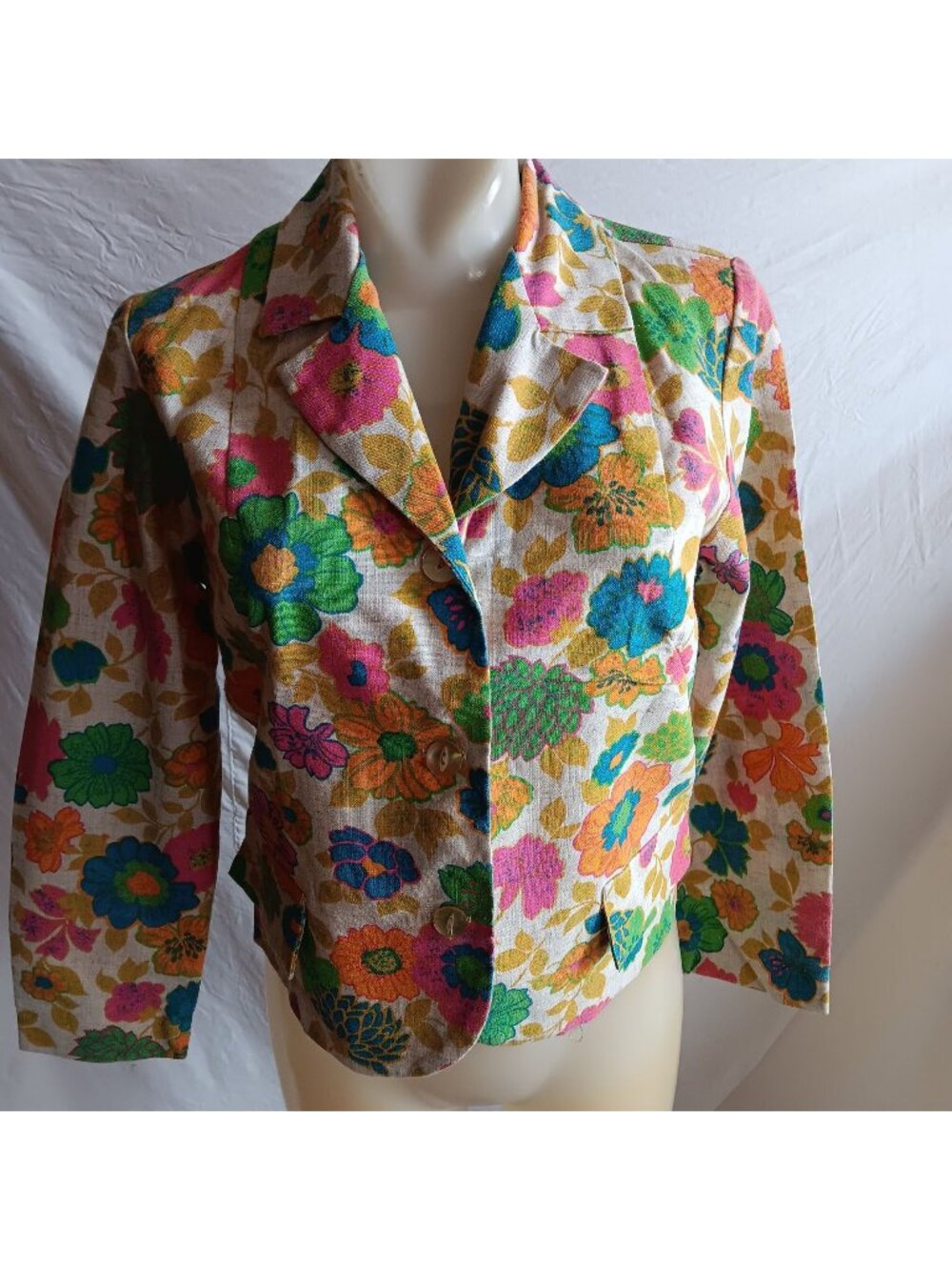 Beeline Fashions Women's Small Vintage Blazer Jacket 60's Floral Print Linen Mod